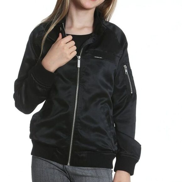 Girl's Members Only black satin boyfriend bomber jacket 10/12 - Picture 1 of 11
